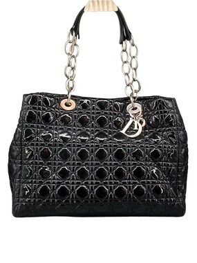 Dior 2012 Black Cannage Quilted Patent Leather Soft Medium Shopping Tote Bag